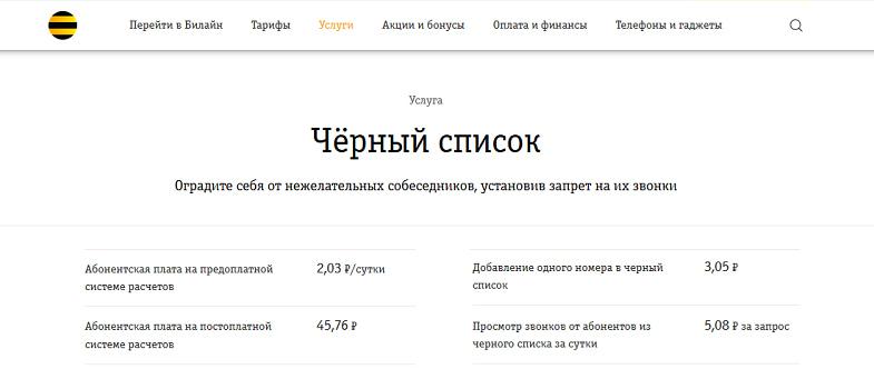Услуга Билайн "Черный список"