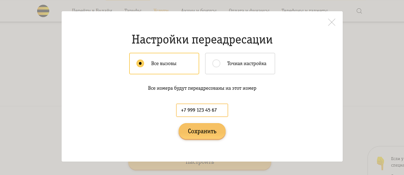 Включить передресацию через сайт Билайн